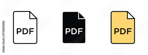Set of pixel perfect colored PDF icon, 1 Silhouette, 1 Unexpanded, PDF icon symbolizing a document format for sharing.