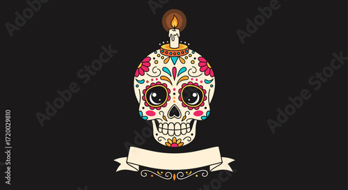 Flat vector illustration of a traditional Mexican sugar skull with floral patterns, marigolds, and candles on a dark background for Day of the Dead banner design