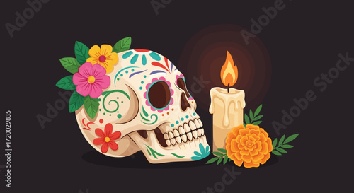 Flat vector illustration of a traditional Mexican sugar skull with floral patterns, marigolds, and candles on a dark background for Day of the Dead banner design