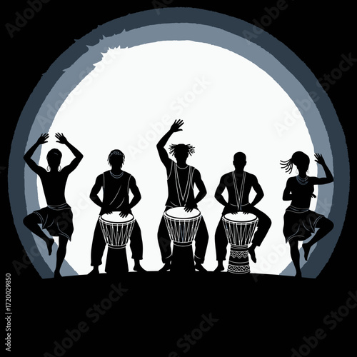 Energetic silhouette of African drummers and dancers against a full moon backdrop, perfect for cultural events, music festivals, and world beat promotions