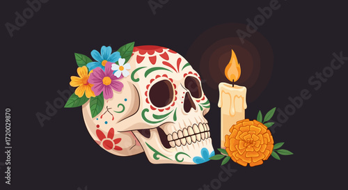 Flat vector illustration of a traditional Mexican sugar skull with floral patterns, marigolds, and candles on a dark background for Day of the Dead banner design