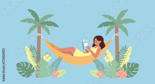 Flat vector illustration of a woman relaxing in a hammock reading a book, surrounded by tropical plants with minimal design and pastel solid background