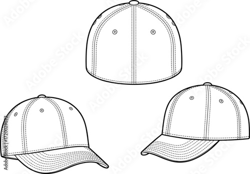 Baseball cap technical drawing multiple views, fashion accessory design illustration, headwear manufacturing sketch, sports cap template, brim stitching detail, apparel blueprint