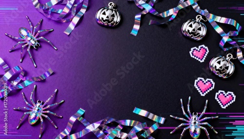 Capture the essence of Y2K  Halloween with a colorful flat lay showcasing vibrant decorations, festive elements, and playful motifs on a violet backdrop