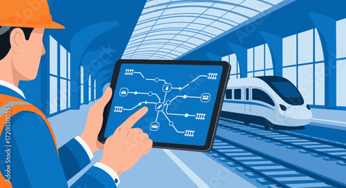 Flat vector illustration of an engineer in safety vest and hard hat using a digital tablet to control modern train network with rail icons, railway station, and high-speed train in background