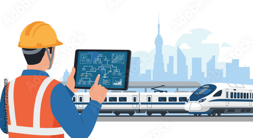 Flat vector illustration of an engineer in safety vest and hard hat using a digital tablet to control modern train network with rail icons, railway station, and high-speed train in background