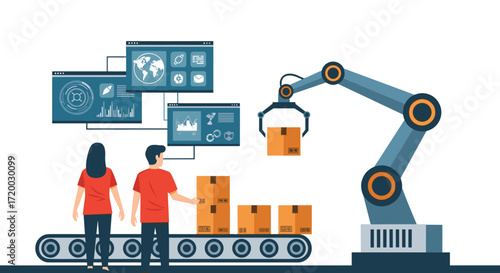 Flat vector illustration of an industrial robot arm holding boxes beside a conveyor belt, with digital screens and data icons, in modern technology and production design on white background