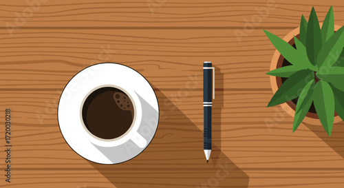 Flat Vector Illustration of Desk with Coffee Cup, Pen, and Plant on Wooden Table Background in Top View Minimalist Style