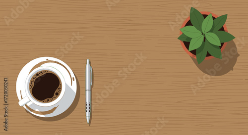 Flat Vector Illustration of Desk with Coffee Cup, Pen, and Plant on Wooden Table Background in Top View Minimalist Style