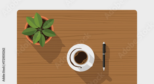 Flat Vector Illustration of Desk with Coffee Cup, Pen, and Plant on Wooden Table Background in Top View Minimalist Style