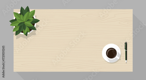 Flat Vector Illustration of Desk with Coffee Cup, Pen, and Plant on Wooden Table Background in Top View Minimalist Style