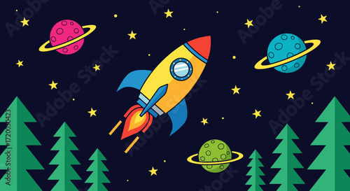 Flat Vector Illustration of Space Rocket with Planets and Stars in Vibrant Colors and Pine Trees for Space Travel Concept