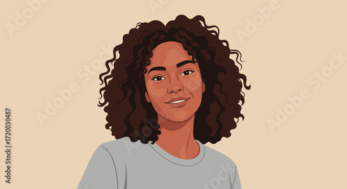 Flat Vector Portrait of Young Woman Avatar with Curly Hair and Casual Style in Minimalistic Design on White Background