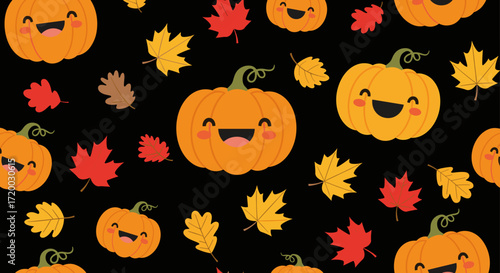 Halloween-themed vector pattern with smiling pumpkins and autumn leaves on a black background, flat cartoon illustration in cute festive style, seamless seasonal design for decoration