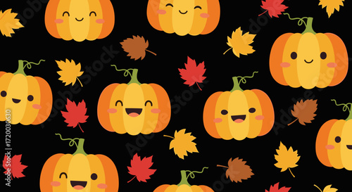 Halloween-themed vector pattern with smiling pumpkins and autumn leaves on a black background, flat cartoon illustration in cute festive style, seamless seasonal design for decoration