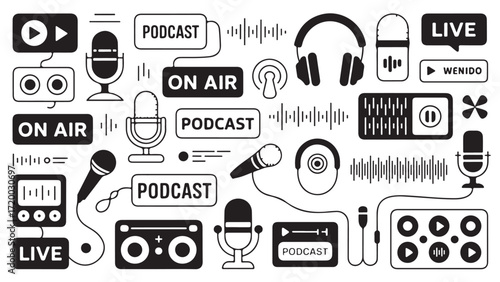 Podcast icons broadcasting equipment and live streaming symbols representing audio technology and digital media communication