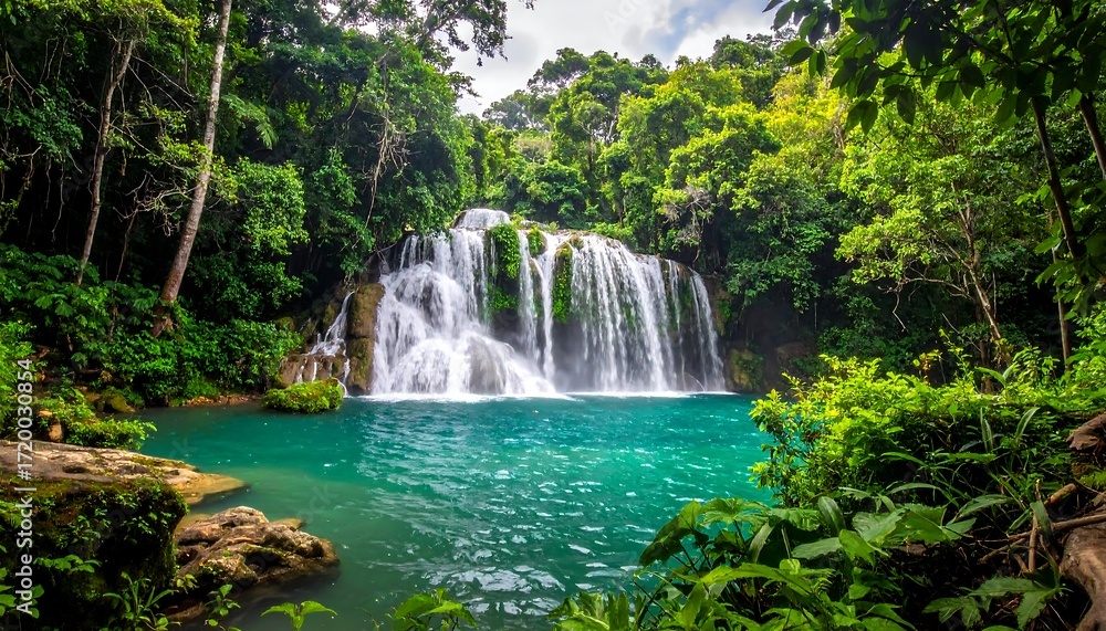 Fototapeta premium Stunning waterfall cascades into a serene turquoise pool, surrounded by lush green foliage and dense tropical forest. The scene is idyllic
