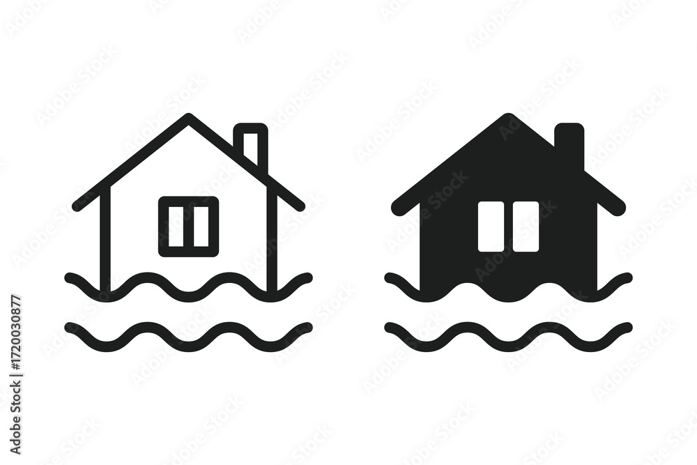 Fototapeta premium Flood disaster icons. Sea level icon. Home flooding, damaged roof, storm, rising water levels icon. Flood icon showing a house submerged in water. Vector illustration