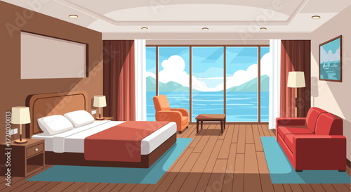 Large hotel room interior vector with sea view windows, central bed, red sofa, orange chair, wooden flooring, ceiling lamps, and cozy light blue carpet in cartoon brown and white style