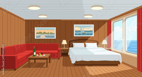 Large hotel room interior vector with sea view windows, central bed, red sofa, orange chair, wooden flooring, ceiling lamps, and cozy light blue carpet in cartoon brown and white style