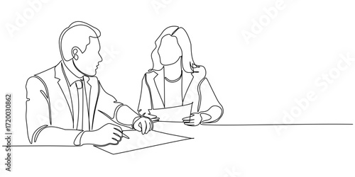 Continuous line art of a man and a woman in business suits discussing and writing in a book in front of them