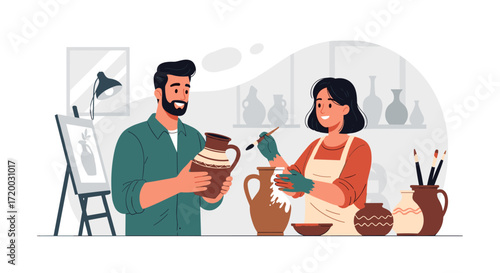 Minimal flat vector scene of couple painting pottery vases in art studio, joyful creative hobby with simple background