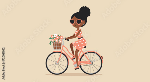 Minimalist vector illustration of an Indian woman in shorts and polka dot top riding a bicycle with flowers in basket, smiling happily, on cream background in simple flat design style