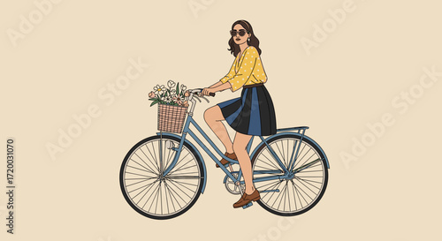 Minimalist vector illustration of an Indian woman in shorts and polka dot top riding a bicycle with flowers in basket, smiling happily, on cream background in simple flat design style