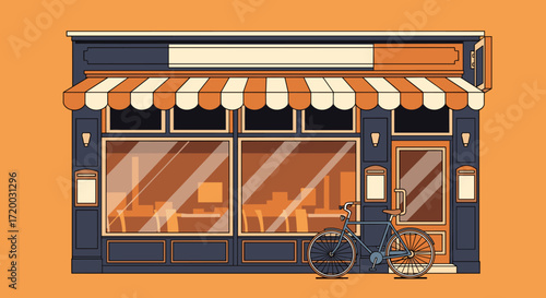 Flat vector illustration of an urban restaurant facade with large windows, awning, and bicycle parked in front, warm colors and simple lines on plain orange background, cozy flat design