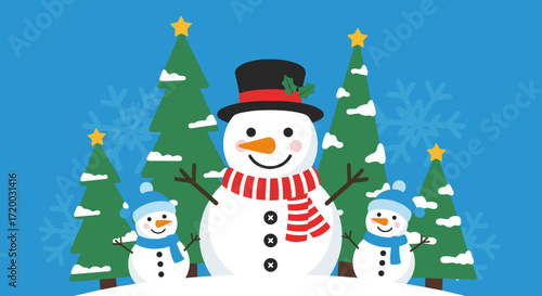 Cute flat vector illustration of a snowman and snow woman with Christmas trees on a bright blue background, cartoon winter holiday design with simple shapes, colorful hats, and minimal style