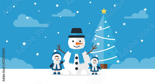 Cute flat vector illustration of a snowman and snow woman with Christmas trees on a bright blue background, cartoon winter holiday design with simple shapes, colorful hats, and minimal style