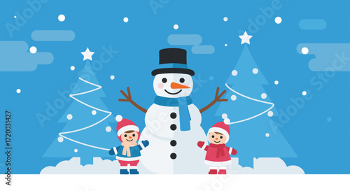 Cute flat vector illustration of a snowman and snow woman with Christmas trees on a bright blue background, cartoon winter holiday design with simple shapes, colorful hats, and minimal style