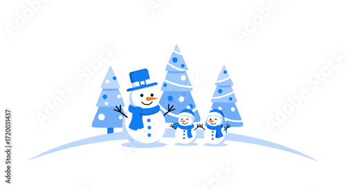 Cute flat vector illustration of a snowman and snow woman with Christmas trees on a bright blue background, cartoon winter holiday design with simple shapes, colorful hats, and minimal style