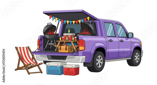 Tailgate party illustration with grill, truck bed, lawn chairs, and ice chest, flat vector design isolated on white background for celebration and outdoor event concept