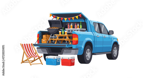 Tailgate party illustration with grill, truck bed, lawn chairs, and ice chest, flat vector design isolated on white background for celebration and outdoor event concept