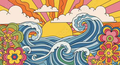 Retro vector art of bold colorful waves, sun, and clouds in groovy 1960s psychedelic style with thick lines, vintage vibes, and vibrant artistic design elements
