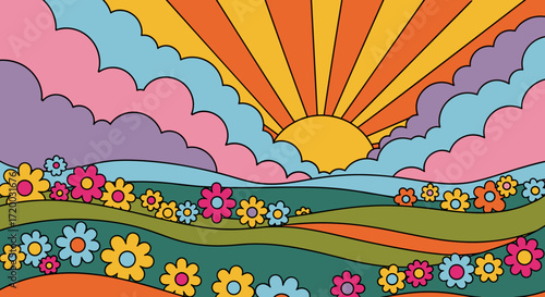 Retro vector art of bold colorful waves, sun, and clouds in groovy 1960s psychedelic style with thick lines, vintage vibes, and vibrant artistic design elements