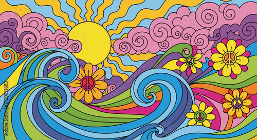 Retro vector art of bold colorful waves, sun, and clouds in groovy 1960s psychedelic style with thick lines, vintage vibes, and vibrant artistic design elements