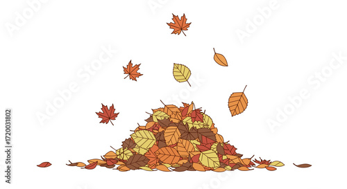 Flat vector illustration of autumn leaves pile with falling leaves, simple gradients and sharp edges on white background, perfect seasonal icon design for fall, nature, and decorative clipart themes