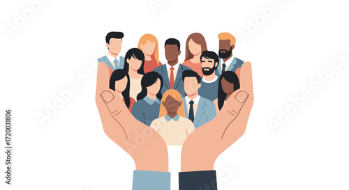 Minimalist vector illustration of diverse people held in two open hands, symbolizing support, compassion, and unity, flat design with muted colors on pastel background, isolated for community concept 