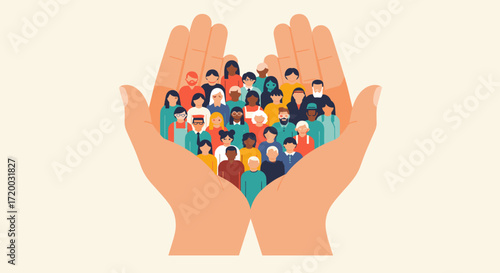 Minimalist vector illustration of diverse people held in two open hands, symbolizing support, compassion, and unity, flat design with muted colors on pastel background, isolated for community concept 