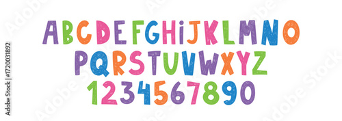 Cartoon children font, cartoon kids alphabet with crayon, pastel or chalk texture. Vector color handdrawn numbers and letters.