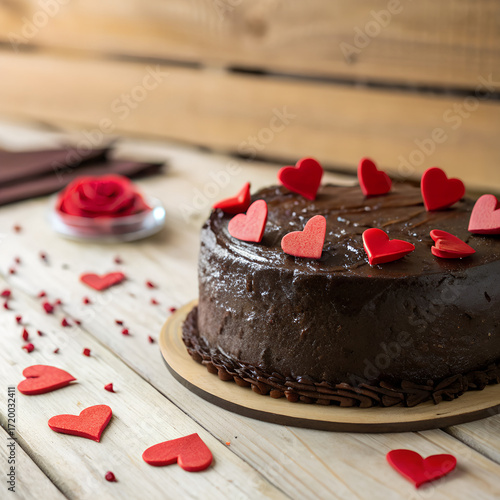 chocolate cake with hearts on a wooden background.