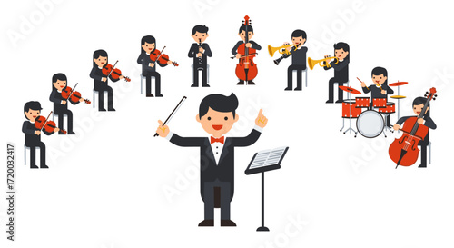 Orchestra Conductor Leading Symphony with Musicians Playing Instruments – Flat Vector Illustration on White Background for Music Concept Design