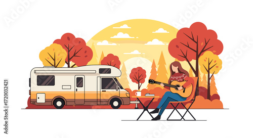 Flat vector illustration of woman playing guitar in front of camper van, surrounded by trees and autumn leaves, simple shapes and minimal details, perfect for travel, camping, and outdoor artwork