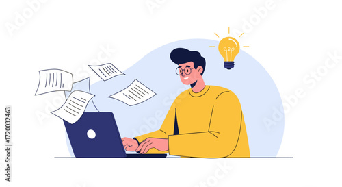 Minimal flat vector illustration of man typing on laptop with glowing idea bulb above and paper sheets flowing from screen, simple design concept symbolizing creativity, productivity, and innovation