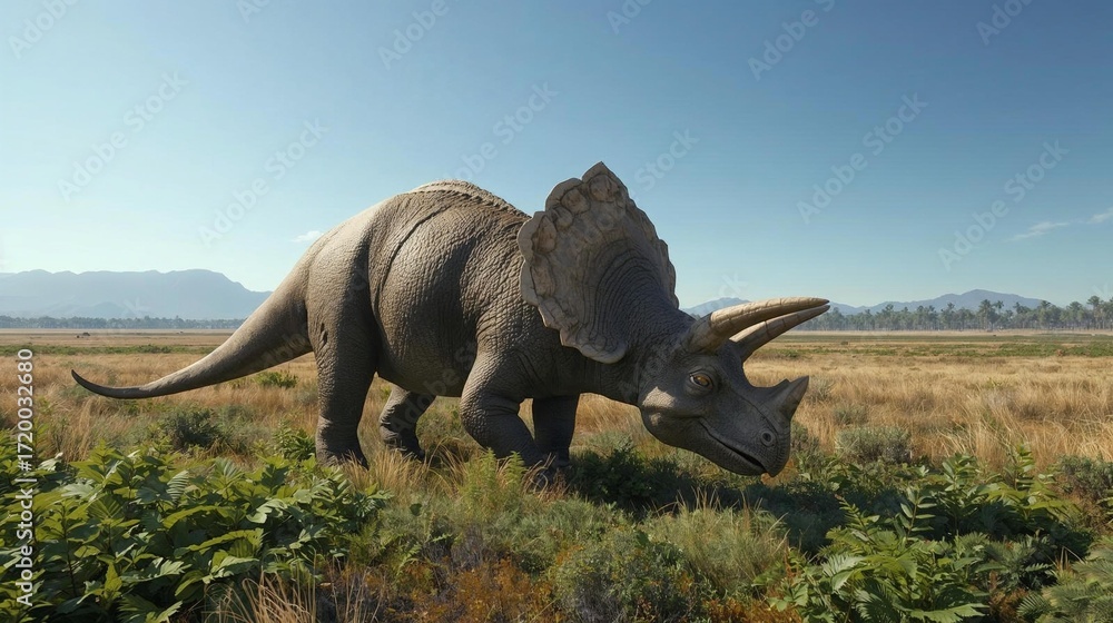 Fototapeta premium Triceratops Grazing Under Golden Sunset in Ancient Plains AI generated impressions 