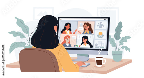 Vector design of remote worker at desk in virtual meeting with multiple people on monitor, pastel background and cozy details, perfect for digital workplace, teamwork, and online connection themes