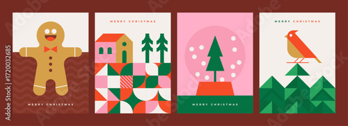 Christmas card set with gingerbread, snow globe, fir tree, house and bird in flat geometric style 