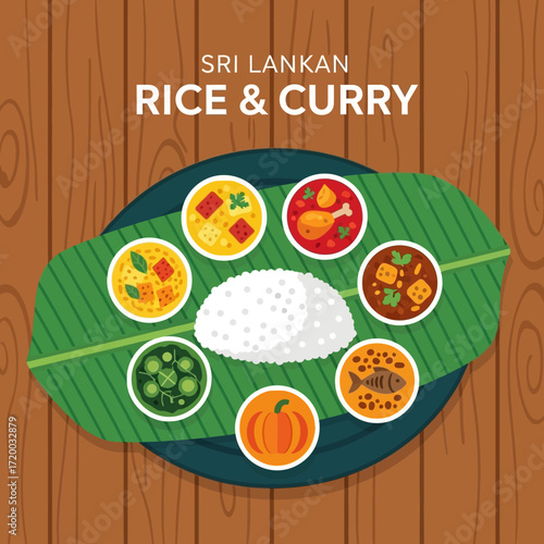 Experience authentic Sri Lankan flavors with rice and curry featuring chicken, fish, pumpkin, and vegetable dishes served on a banana leaf
